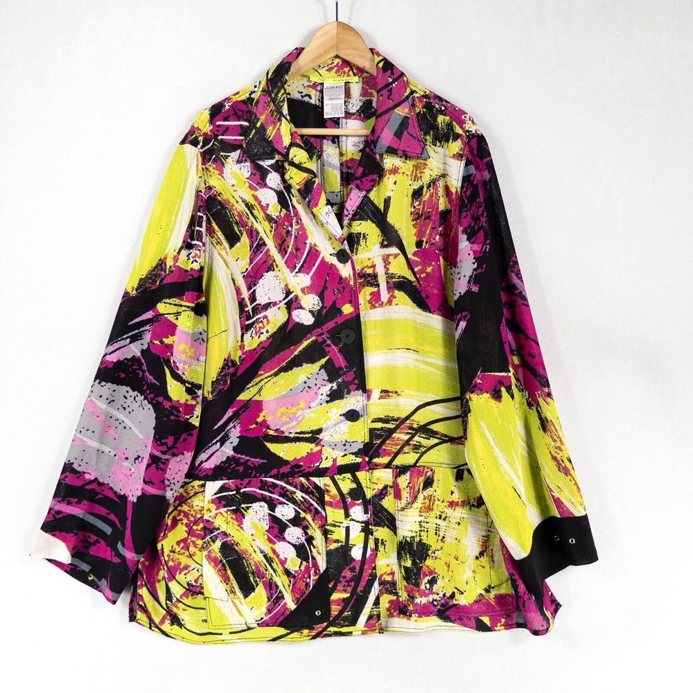 Alain Weiz Shirt Blouse Women Plus Sz 22 Multicolor Bold Print Front Pockets